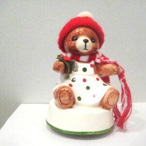 Lefton Teddy Bear Porcelain Christmas Hat & Scarf Musical Rotating 1985 Japan 6"